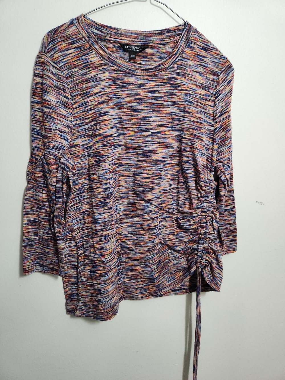 Liverpool Multicolor Striped Ruched-Side Crewneck Top